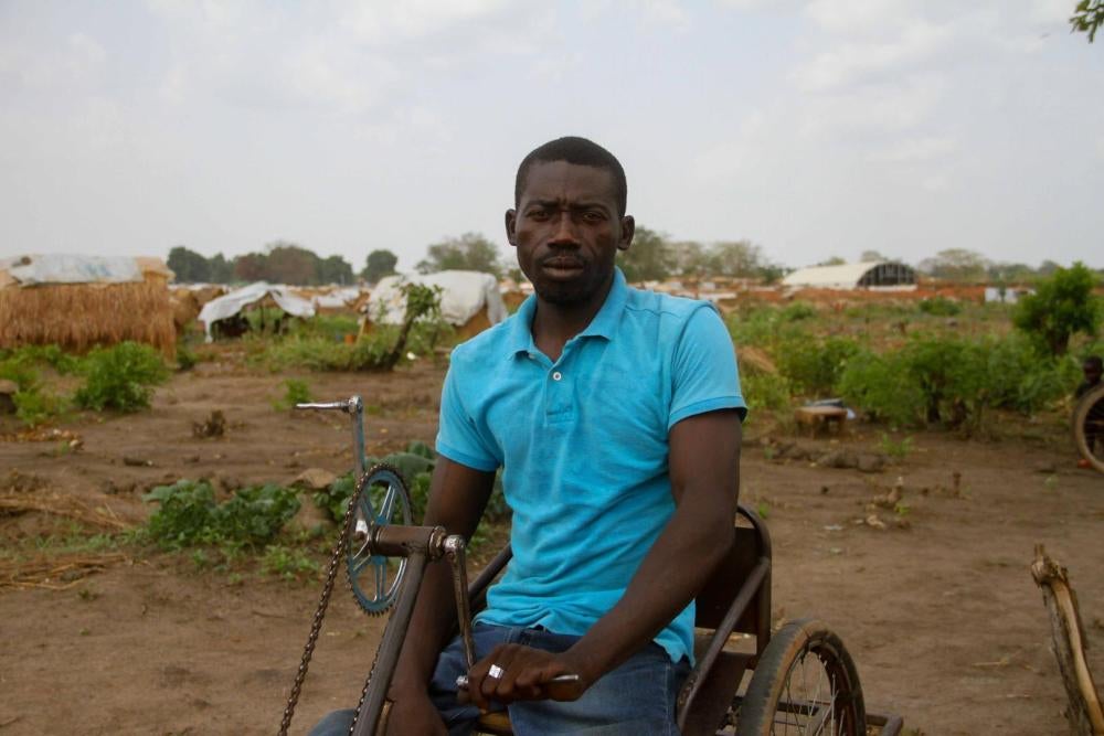 “Thierry,” a 42-year-old polio survivor lives in the “MINUSCA” camp in Kaga-Bandoro. “I want to work, but I can’t find any here,” he said.