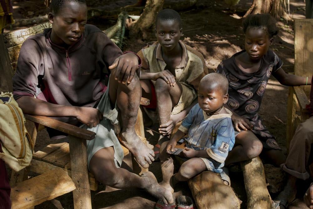 Residents of Marzé hiding in the woods after Seleka and Peuhl forces attacked the town in July 2015. 