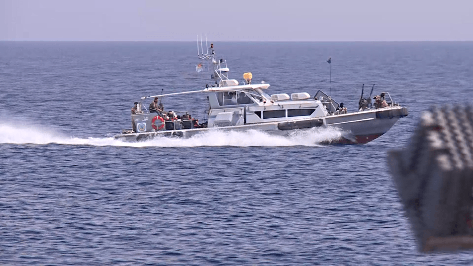 Libyan coast guard patrol boat 267 en route to a rescue in international waters. May 23, 2017, captured by Italian television crew from RAI-TG3.
