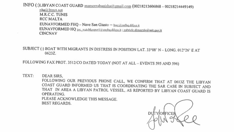 Email sent on May 10, 2017, from Maritime Rescue Coordination Centre Rome to Sea-Watch 2 rescue ship, informing them that the Libyan coast guard had assumed control over a rescue operation. 