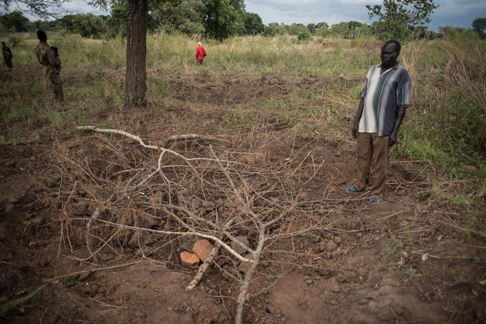 A mass grave outside Jalimo town in South Sudan’s Kajo Keji county. The bodies of three civilians are buried there after they were killed during clashes between soldiers and rebels in Jalimo in early April, April 25,2017. 