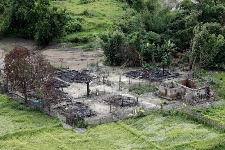 Aerial view of a burned Rohingya village near Maungdaw, Rakhine State.