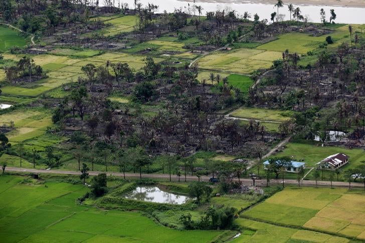 Aerial view of a burned Rohingya village near Maungdaw, Rakhine State.