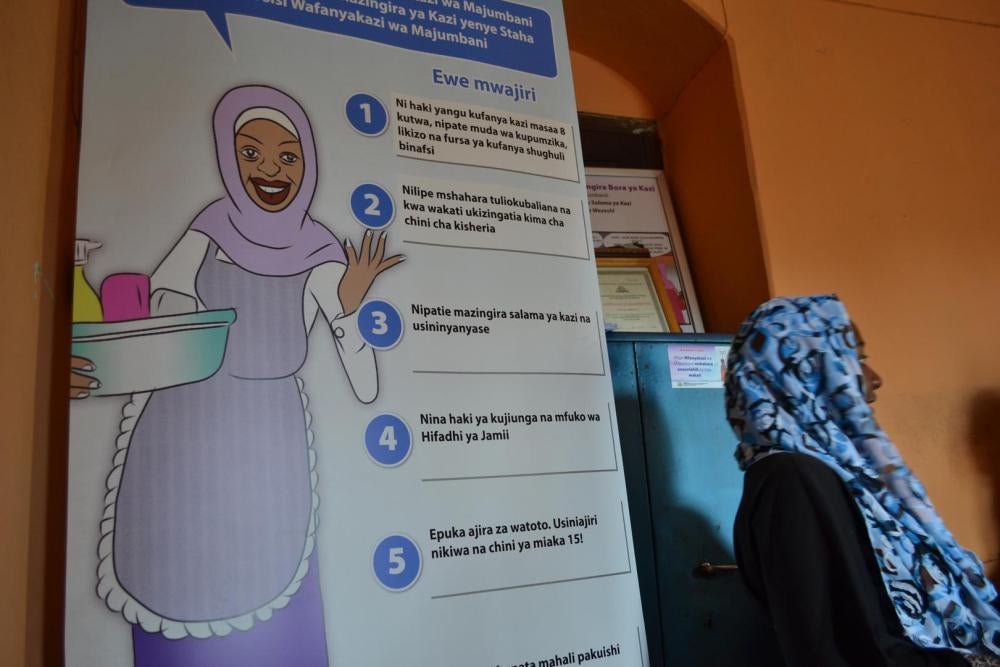 Poster detailing domestic workers’ rights at the office of Zanzibar: Conservation, Hotels, Domestic and Allied Workers Union (CHODAWU-Z).  Stone Town, Zanzibar, Tanzania. 