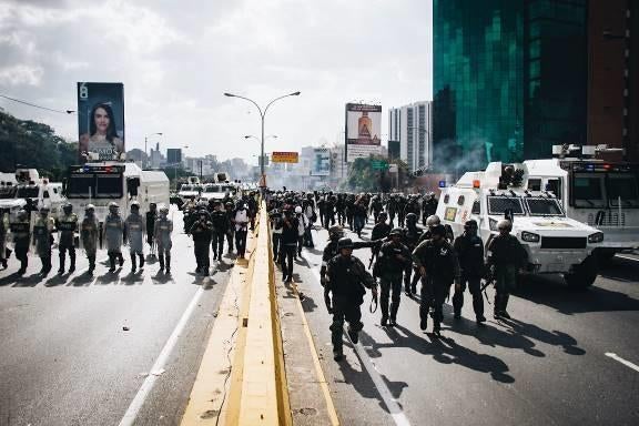 Riot police mobilize during an anti-government protest in Caracas, Venezuela. April 6, 2017. 