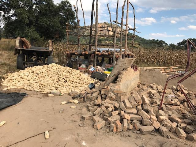 A heap of harvested maize and the remains of a house the anti-riot police demolished at Arnolds Farm, Mazowe on May 9, 2017. Anti-riot police, who claim the farm is owned by the First Family, demolished the house despite two court orders prohibiting the d