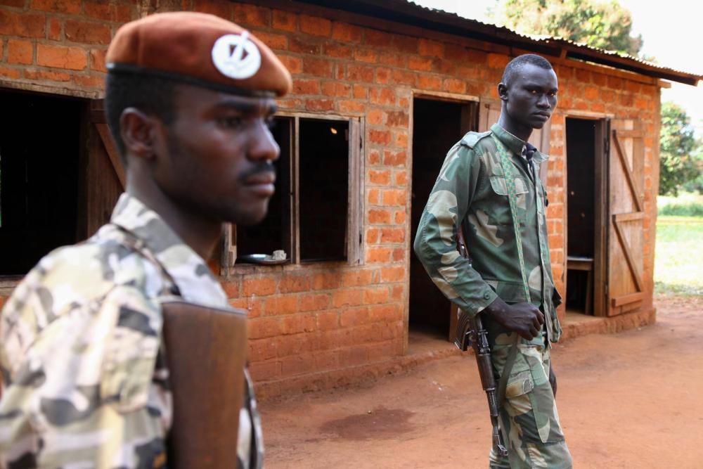 UPC fighters outside a kindergarten in Ngadja, Ouaka province. The fighters have used the building as a base since October 2014. 
