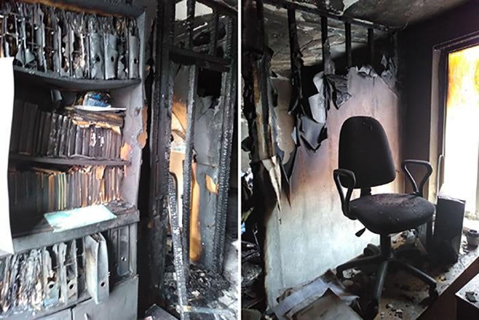 Interior of scorched office in Ingushetia, Russia.