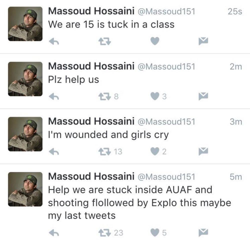 Screenshot of Twitter posts from photojournalist Massoud Hossaini, who was trapped inside the American University of Afghanistan during the attack on August 24, 2016. 