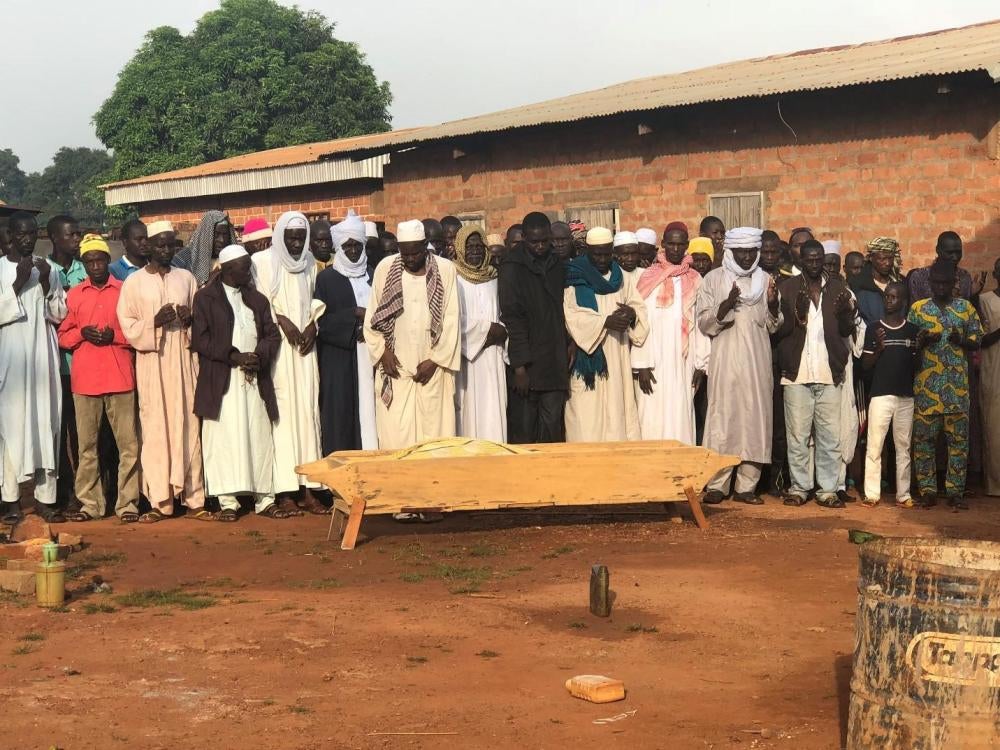 The burial ceremony for Mariam Hussein on September 22, 2018. Hussein was killed the previous evening by anti-balaka fighters outside the Borno neighborhood.
