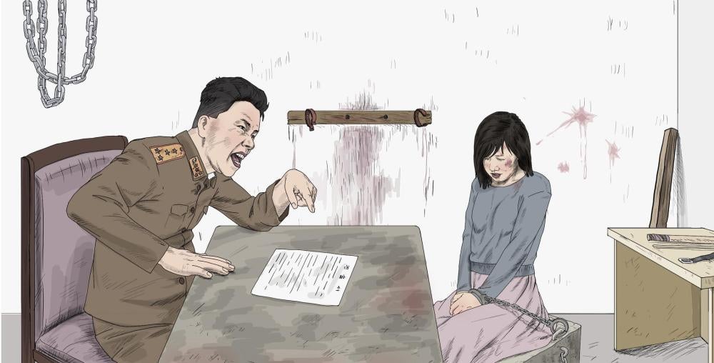 Eine Frau, die von der Geheimpolizei verhört wird. Ehemalige Gefangene berichten, dass Frauen bei Verhören der Geheimpolizei immer wieder belästigt werden. Die Abbildungen stammen von dem früheren nordkoreanischen Propagandakünstler Choi Seong Guk. 