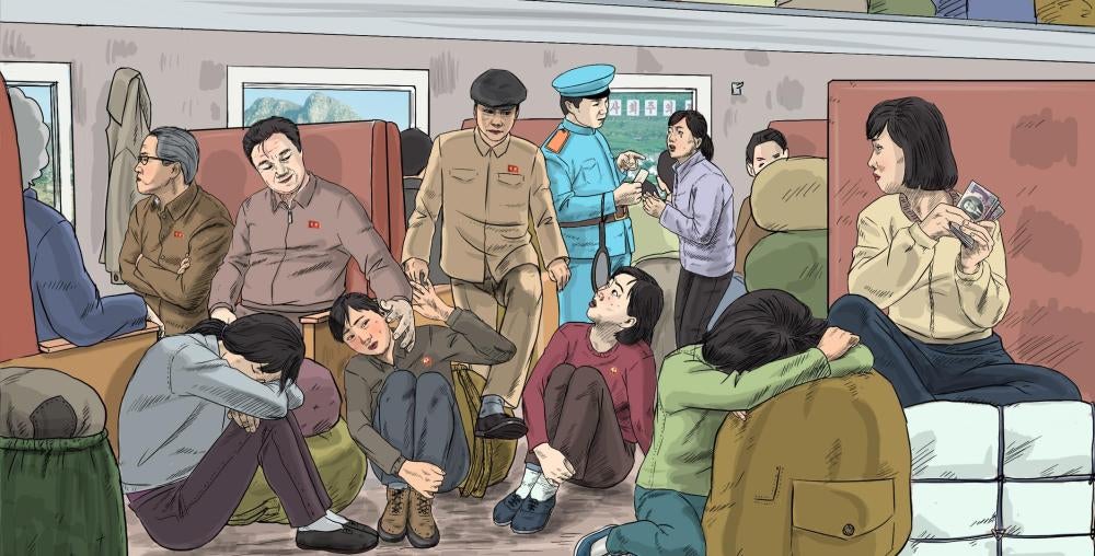 Male government officials and female traders sitting in a railway carriage, while a railroad officer checks a female trader’s ticket. In railway carriages, women often face harassment by male government officials and railroad officers.