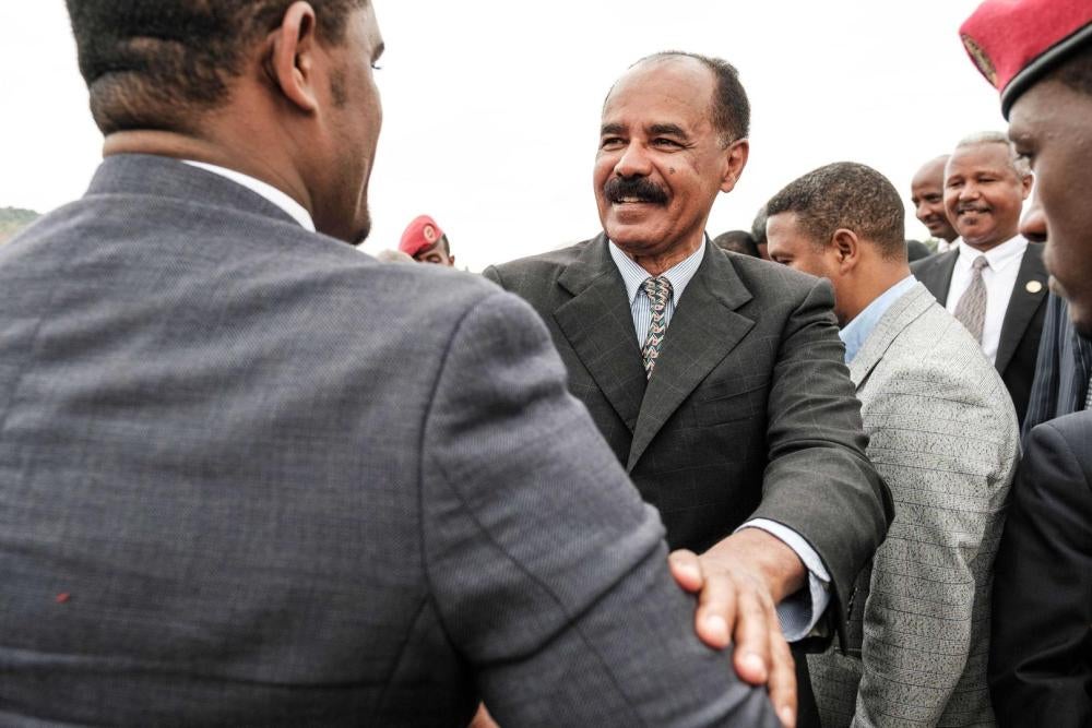 Eritrea's President Isaias Afwerki arriving at the airport in Gondar, for a visit in Ethiopia, November 9, 2018. © 2018 EDUARDO SOTERAS/AFP/Getty Images