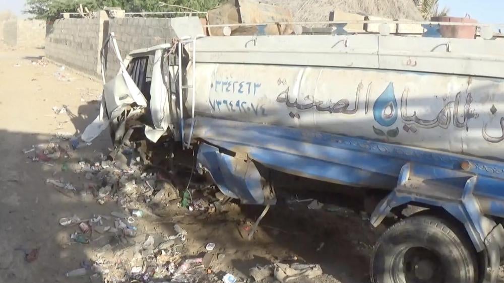 A water tanker that reportedly struck a landmine in the western coast town of Zuhairi. © 2018 Private