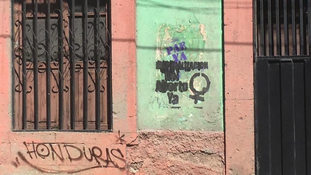 Graffiti promoting abortion rights and the legalization of emergency contraception, or the “morning-after pill,” on a street in central Tegucigalpa, Honduras where public protests and demonstrations often take place. 