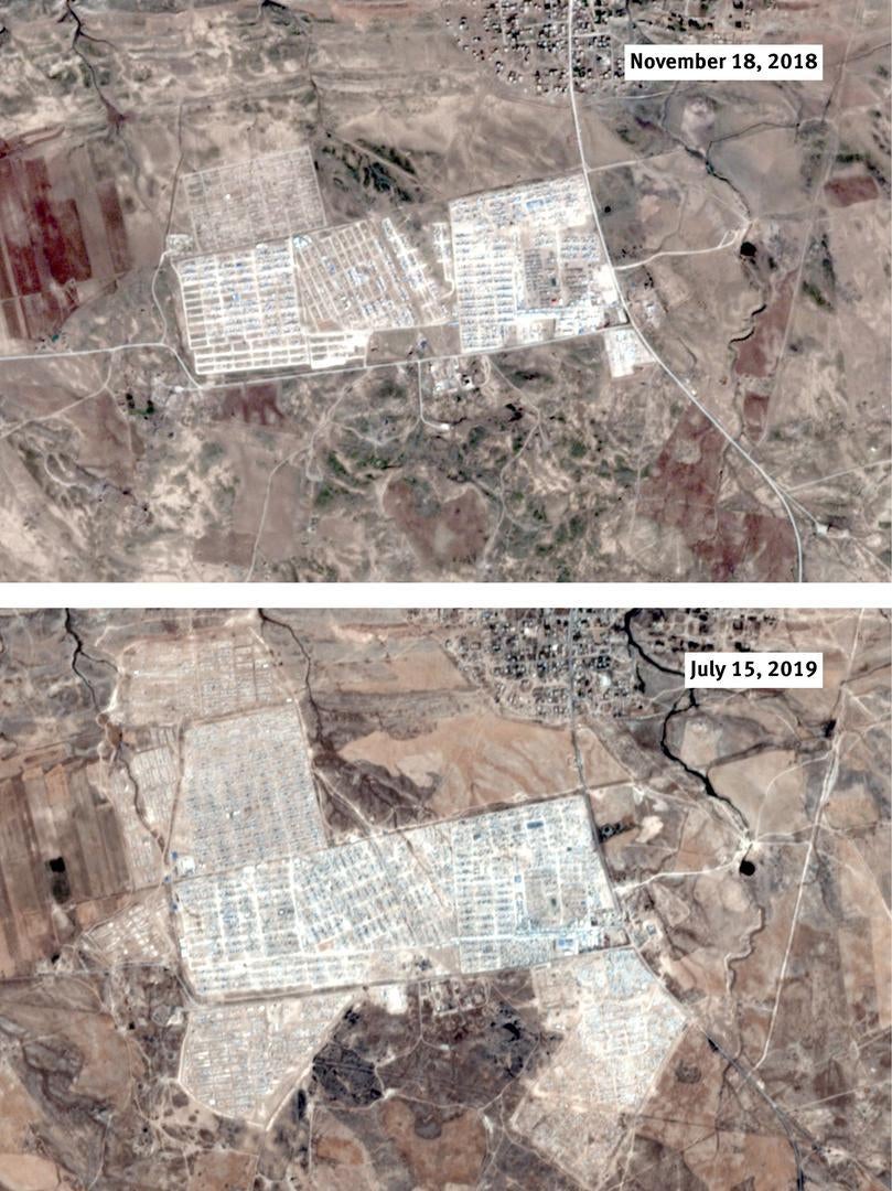 Al-Hol camp in northeast Syria has rapidly expanded with the influx of more than 63,000 women and children displaced by the offensive against the Islamic State (also known as ISIS) in Baghouz between December 2018 and April 2019. The area at lower right s