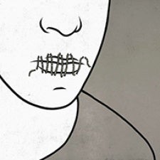 Graphic of figure with mouth sewn shut. 