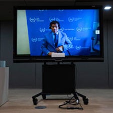 Single figure projected on television screen. 