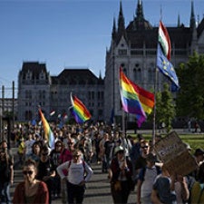 Crowd holds pride flags. 