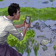 Illustration of figure holding phone. 