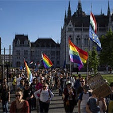 Pride flags fly over crowd of people 