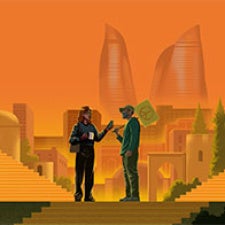 Two figures standing with a city background behind them, one interviewing the other 