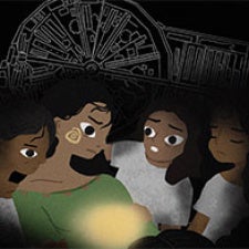 Illustration of several figures huddled over a light.