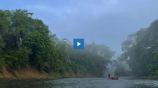 A small boat travels through body of water.