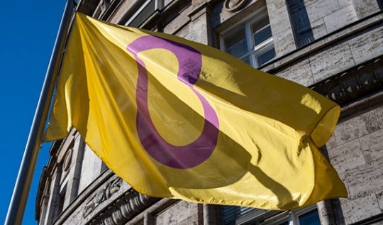 Intersex flag hangs in front of building. 