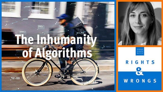 Podcast logo and guest over image of gig worker riding bike. 