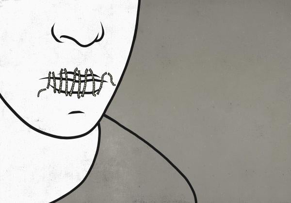 Illustration of string sealing person’s lips.