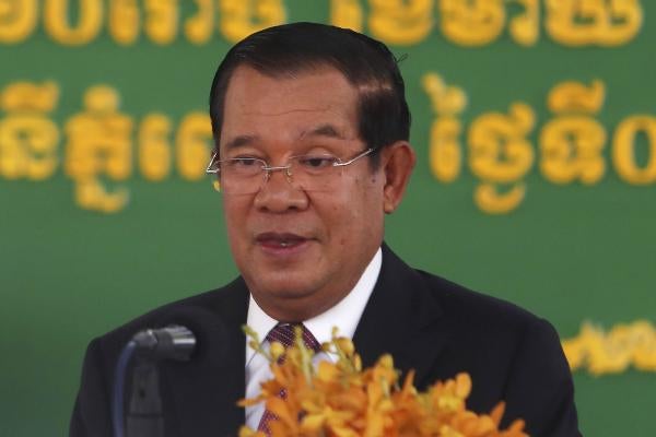 Cambodian Prime Minister Hun Sen during a handover ceremony at Phnom Penh International Airport in February 2021.