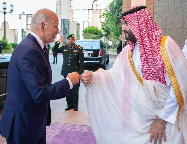 Saudi Crown Prince Mohammed bin Salman, meets President Joe Biden at Al-Salam palace in Jeddah, Saudi Arabia, Friday, July 15, 2022.