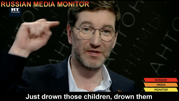 Screenshot of a man interviewed with the subtitles "just drown those children, drown them"