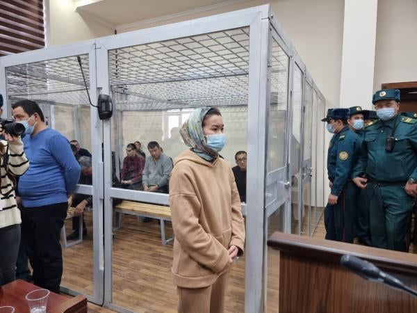 Lolagul Kallykhanova, one of 22 defendants on trial in connection with July protests in Karakalpakstan, stands at the sentencing hearing at court in Bukhara, Uzbekistan on January 31, 2023. 