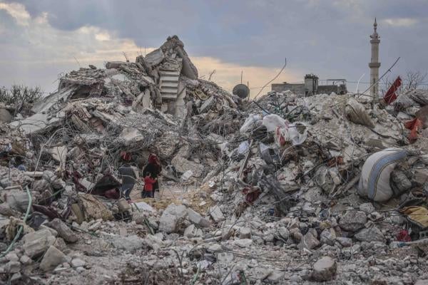 Destruction left by the deadly earthquake that struck Syria and Turkey in Jindires, northwestern Syria on February 11, 2023.