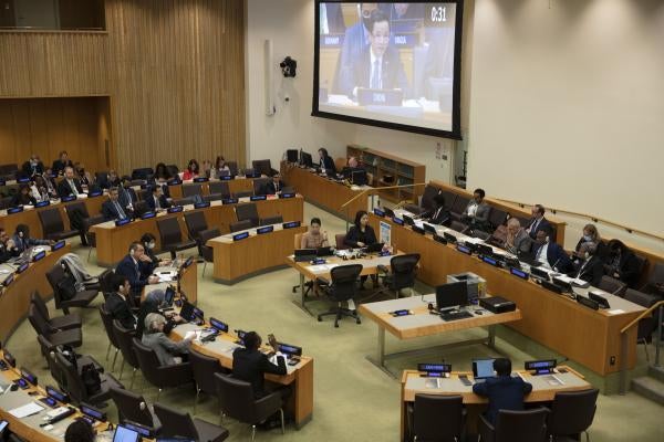 Dai Bing (on screen), China's deputy permanent representative to the United Nations, speaks during the opening of the main session of the Fifth Committee of the 77th UN General Assembly.