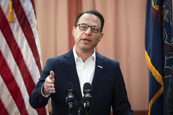 Pennsylvania Democratic Gov. Josh Shapiro speaks during a news conference in Philadelphia.