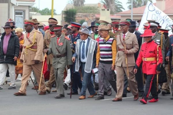 Chiefs of the Nama and Ovaherero peoples during the annual ‘reparations walk’ in Swakopmund, Namibia calling for reparations for the ongoing impact of the genocide committed by Germany’s colonial rule between 1904 and 1908.