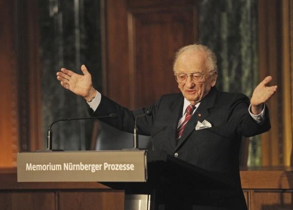 Benjamin Ferencz, Romanian-born American lawyer and chief prosecutor of the Nuremberg war crimes trials, speaks during an opening ceremony for the exhibition commemorating the Nuremberg war crimes trials in Nuremberg, Germany, Sunday, Nov. 21, 2010. 