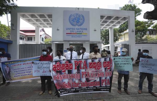 Sri Lankan rights activists protest against the Prevention of Terrorism Act outside the United Nations office in Colombo, Sri Lanka, March 3, 2022. 