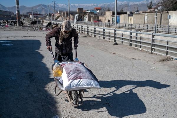 A nongovernmental organization delivers food aid in Kabul, Afghanistan.