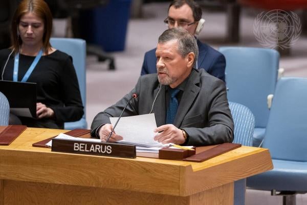 Valentin Rybakov, permanent representative of Belarus to the United Nations, addresses the Security Council meeting on threats to international peace and security, New York, US.