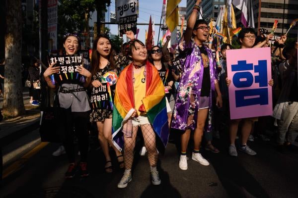 Participants march during a Pride event in support of LGBT rights in Seoul, South Korea on June 1, 2019.