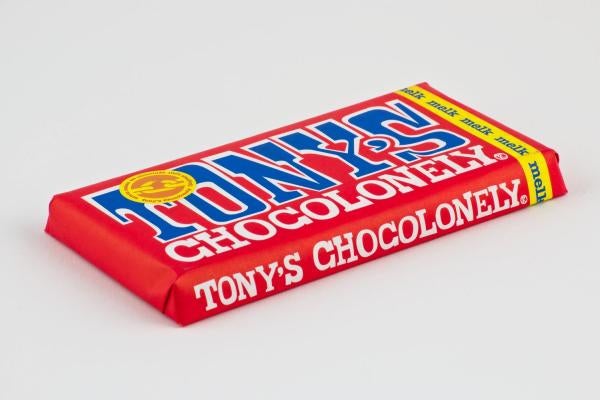 A bar of Tony's Chocolonely milk chocolate, a fair-trade chocolate brand from the Netherlands.