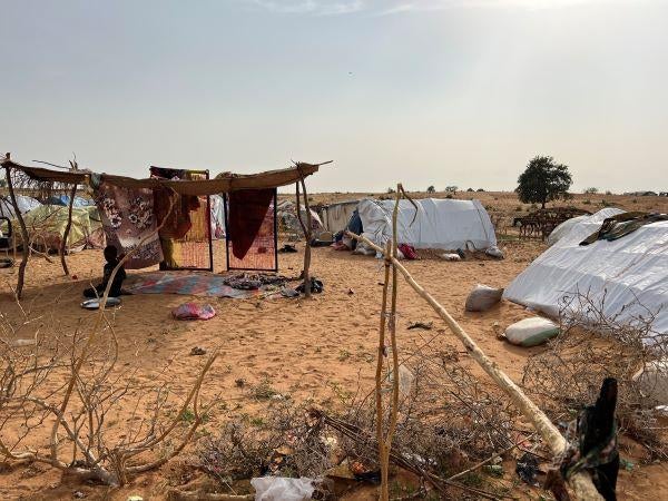 Makeshift shelters housing tens of thousands of people who fled the conflict in Sudan's Darfur region in Adre, Chad, July 21, 2023. © Human Rights Watch
