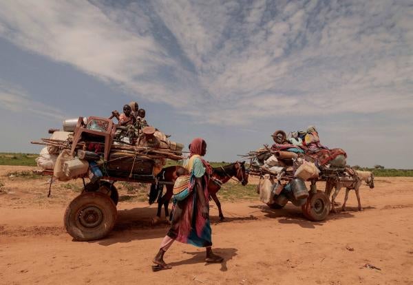 A Sudanese woman, who fled the conflict in Murnei in Sudan's Darfur region, walks beside carts carrying her family belongings upon crossing the border between Sudan and Chad in Adre, Chad, August 2, 2023.