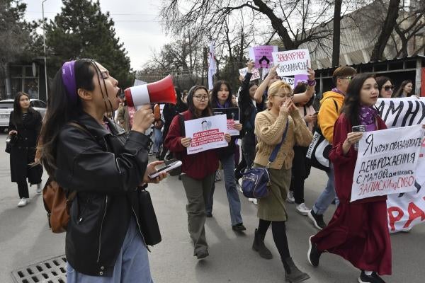  Women march marking the International Women's Day in Bishkek, Kyrgyzstan, March 8, 2023.