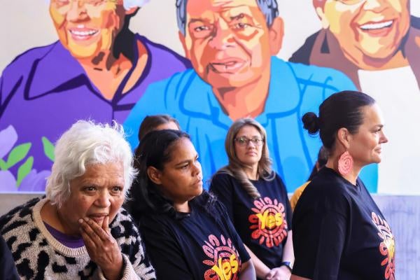 Aunty Shirley Lomas (L) looks on at a media conference in Redfern, Sydney, Australia ahead of the October 14, 2023 referendum to decide on an Indigenous voice to parliament.