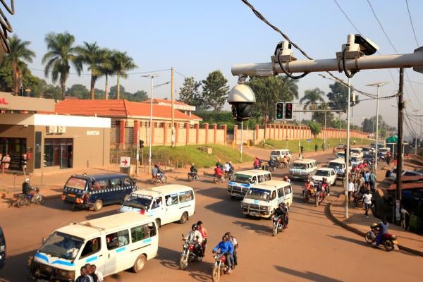 Traffic flows under the surveillance closed-circuit television camera (CCTV) system along Bakuli Street in Kampala, Uganda, 4 August,2019.